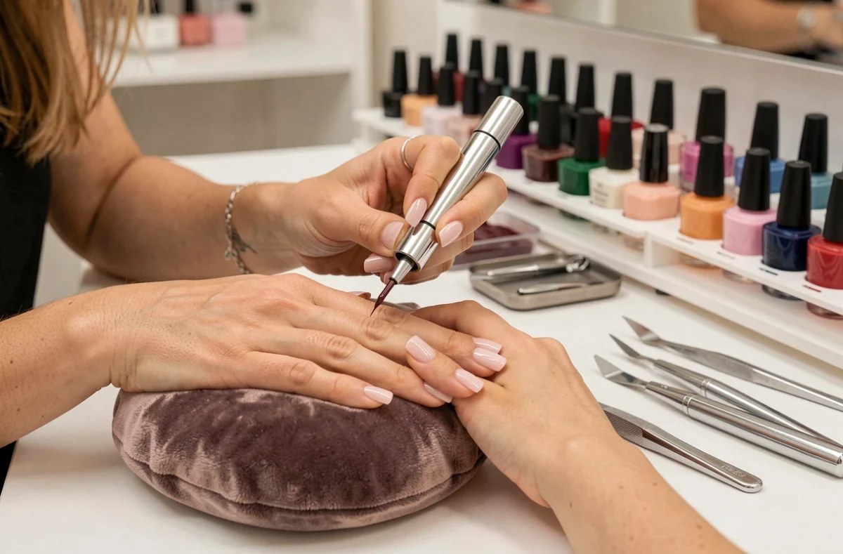 Pose de vernis gel sur les ongles d'une cliente par une technicienne chez L'Ongle d'Or Beauté à Besançon