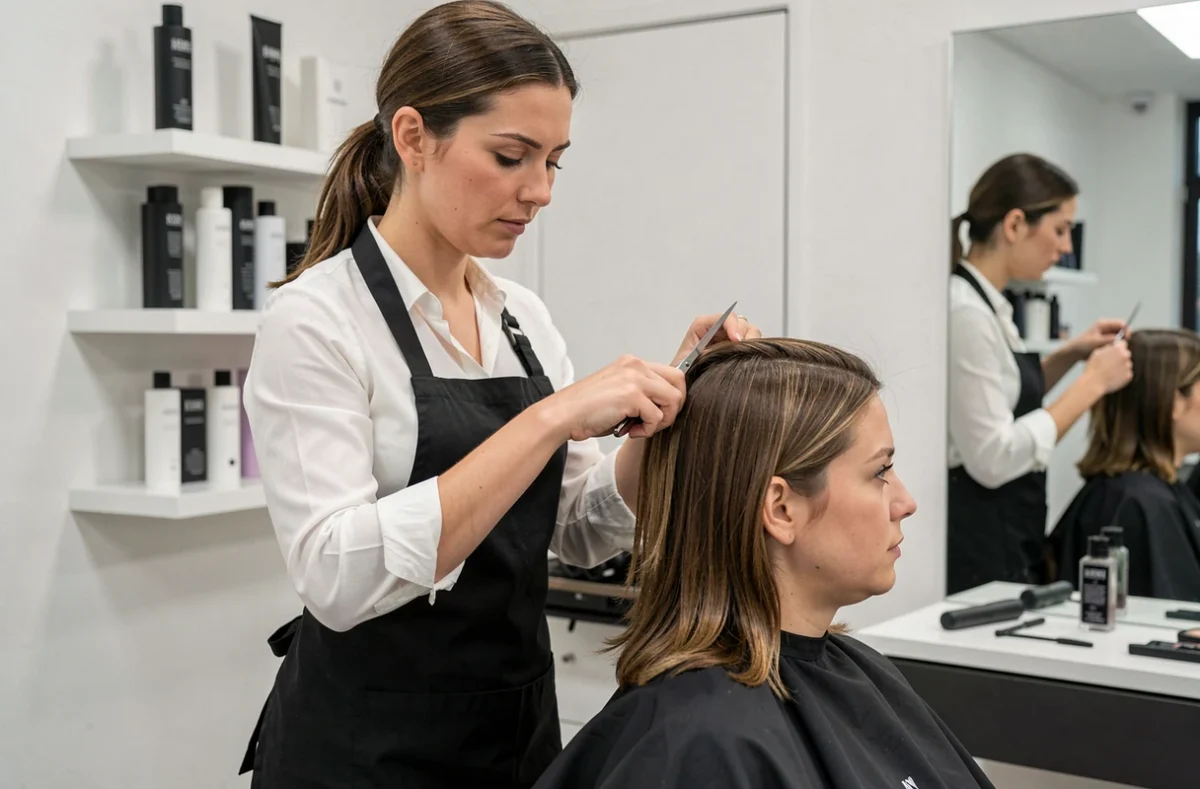 Coiffeuse professionnelle effectuant une coupe de cheveux dans le salon LS Coiffure à Brumath