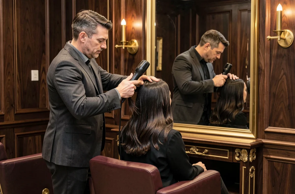 Salon de coiffure prestige L'Uomo E la Donna à Strasbourg avec décoration élégante et coiffeur au travail