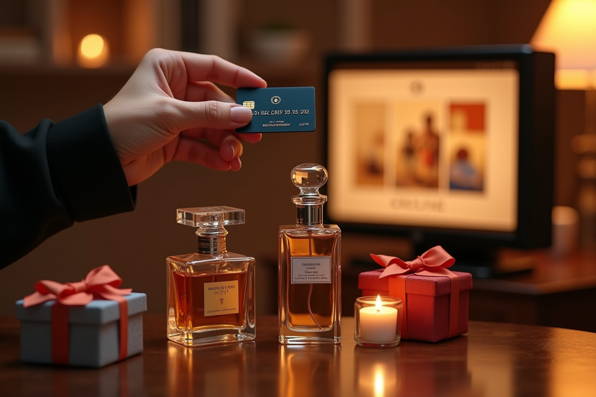 Main tenant une carte de crédit au-dessus de parfums de luxe