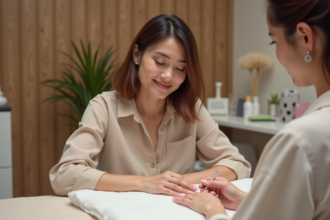 Femme recevant une manucure gel japonaise dans un salon moderne