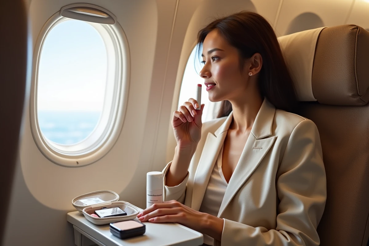Femme appliquant un baume à lèvres dans un avion avec sa trousse de maquillage transparente réglementaire posée sur la tablette