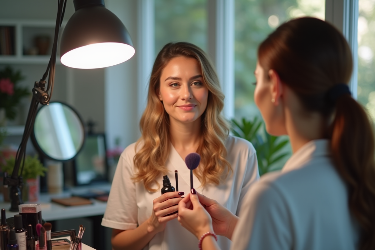 Maquilleuse professionnelle conseillant une cliente mature avec pinceaux et produits