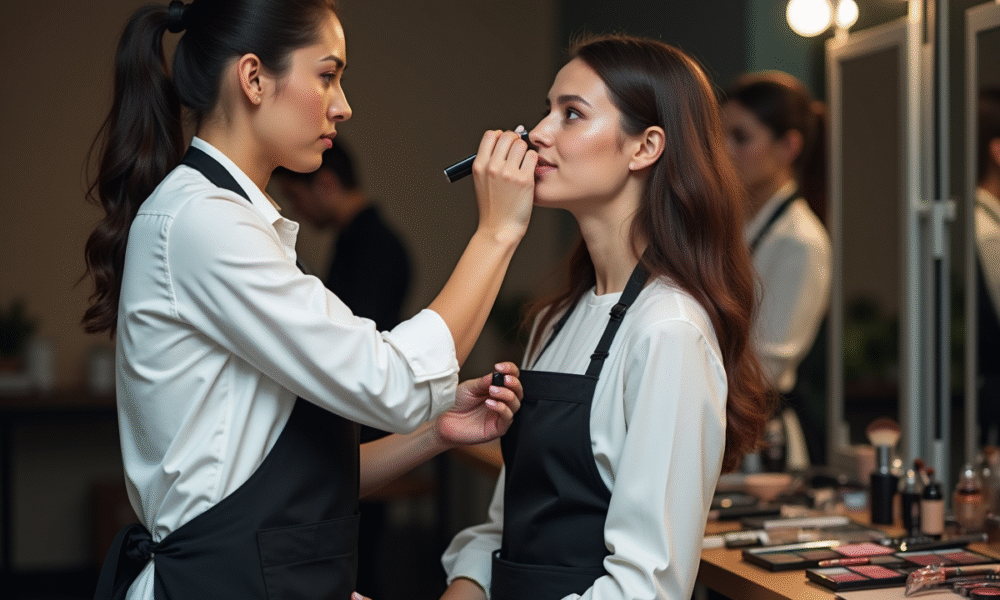 Maquilleuse professionnelle appliquant du fond de teint à une modèle