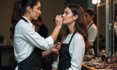 Maquilleuse professionnelle appliquant du fond de teint à une modèle