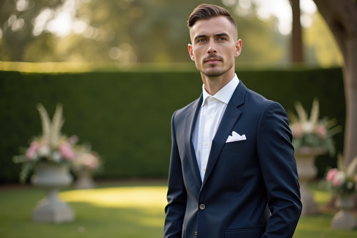 Marié en costume bleu marine avec une coupe taper élégante dans un jardin lors de son mariage