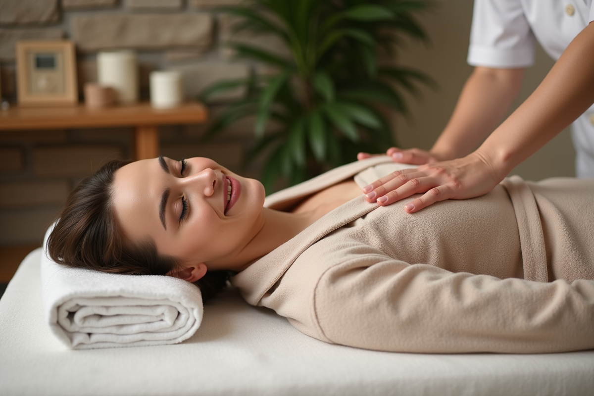 Femme détendue recevant un massage dans un spa naturel