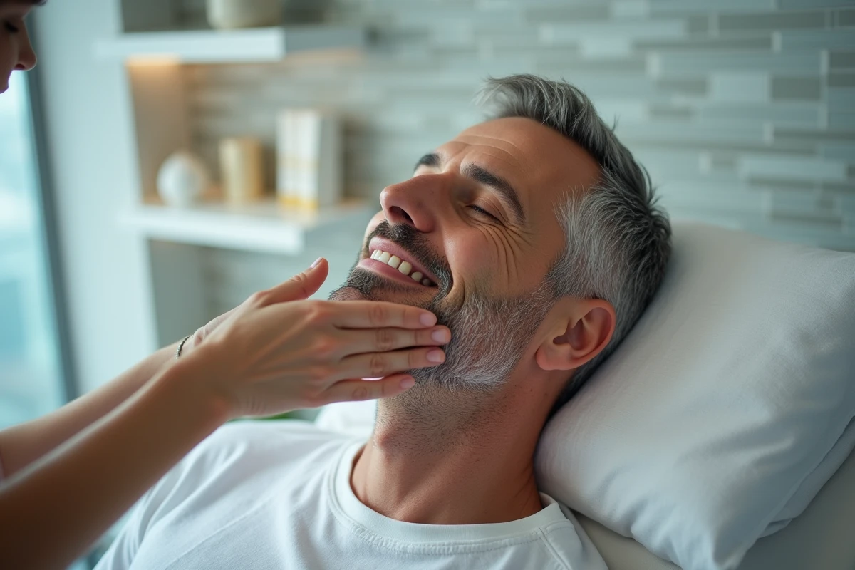 Estheticienne massant le visage d’un homme dans un centre de soin moderne