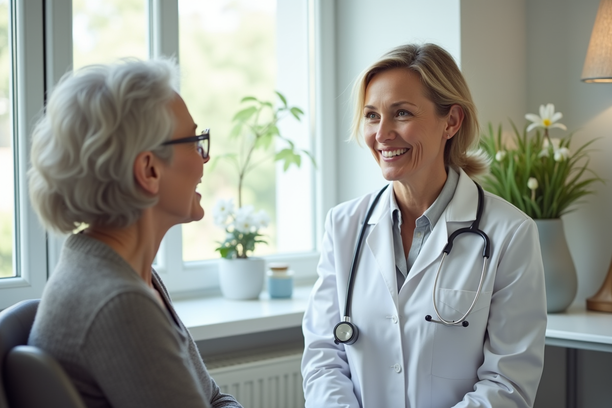 Docteur parlant avec une femme de 60 ans dans une salle lumineuse