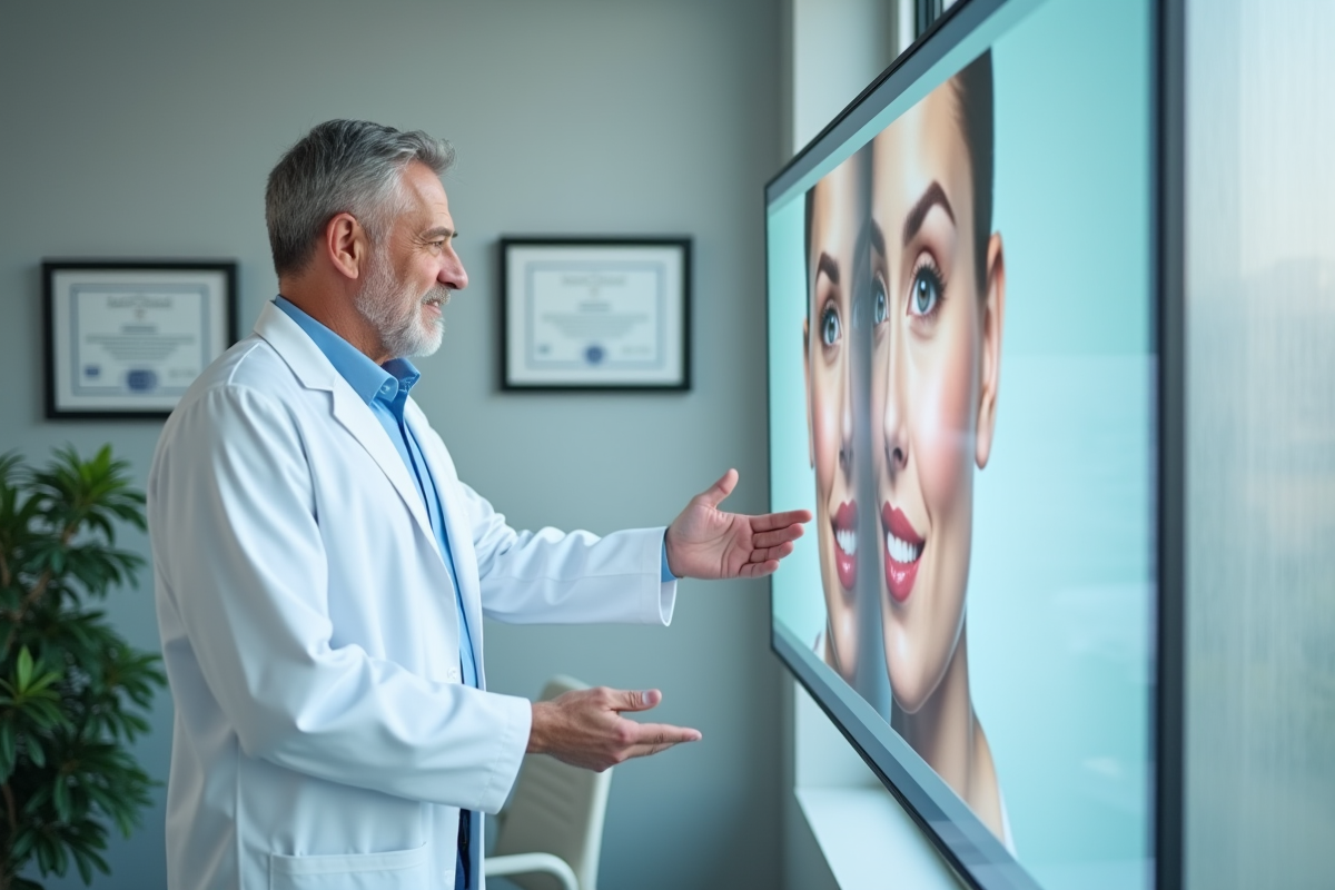 Medecin specialist montrant des images de peau avant apres