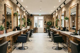 Vue intérieure panoramique d'un salon de coiffure moderne dans le Bas-Rhin, avec fauteuils noirs, miroirs et comptoirs en marbre