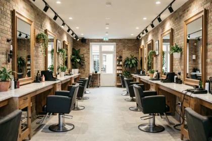 Vue intérieure panoramique d'un salon de coiffure moderne dans le Bas-Rhin, avec fauteuils noirs, miroirs et comptoirs en marbre