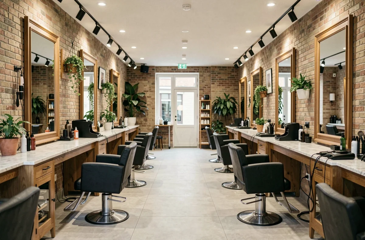 Vue intérieure panoramique d'un salon de coiffure moderne dans le Bas-Rhin, avec fauteuils noirs, miroirs et comptoirs en marbre