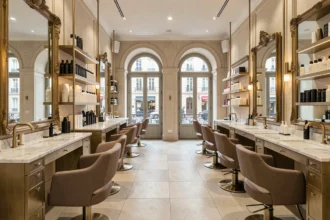 Intérieur d'un salon de coiffure haut de gamme parisien avec miroirs dorés et stations de coiffage élégantes en Île-de-France