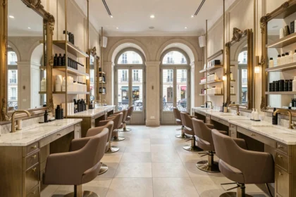 Intérieur d'un salon de coiffure haut de gamme parisien avec miroirs dorés et stations de coiffage élégantes en Île-de-France