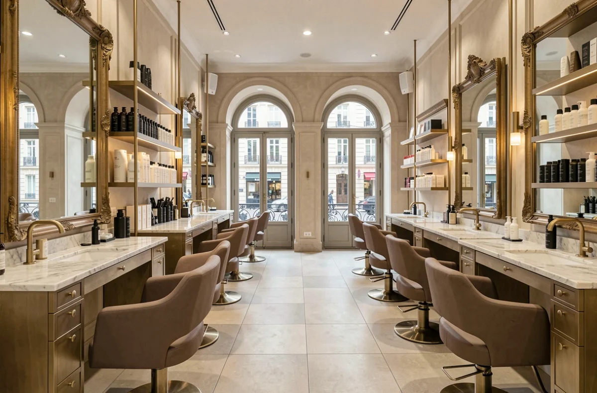 Intérieur d'un salon de coiffure haut de gamme parisien avec miroirs dorés et stations de coiffage élégantes en Île-de-France