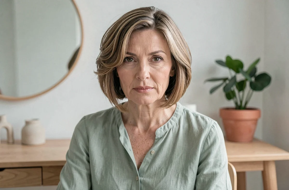 Femme mature avec carré court fins cheveux et mini vague, assise devant une coiffeuse scandinave, portrait élégant et naturel