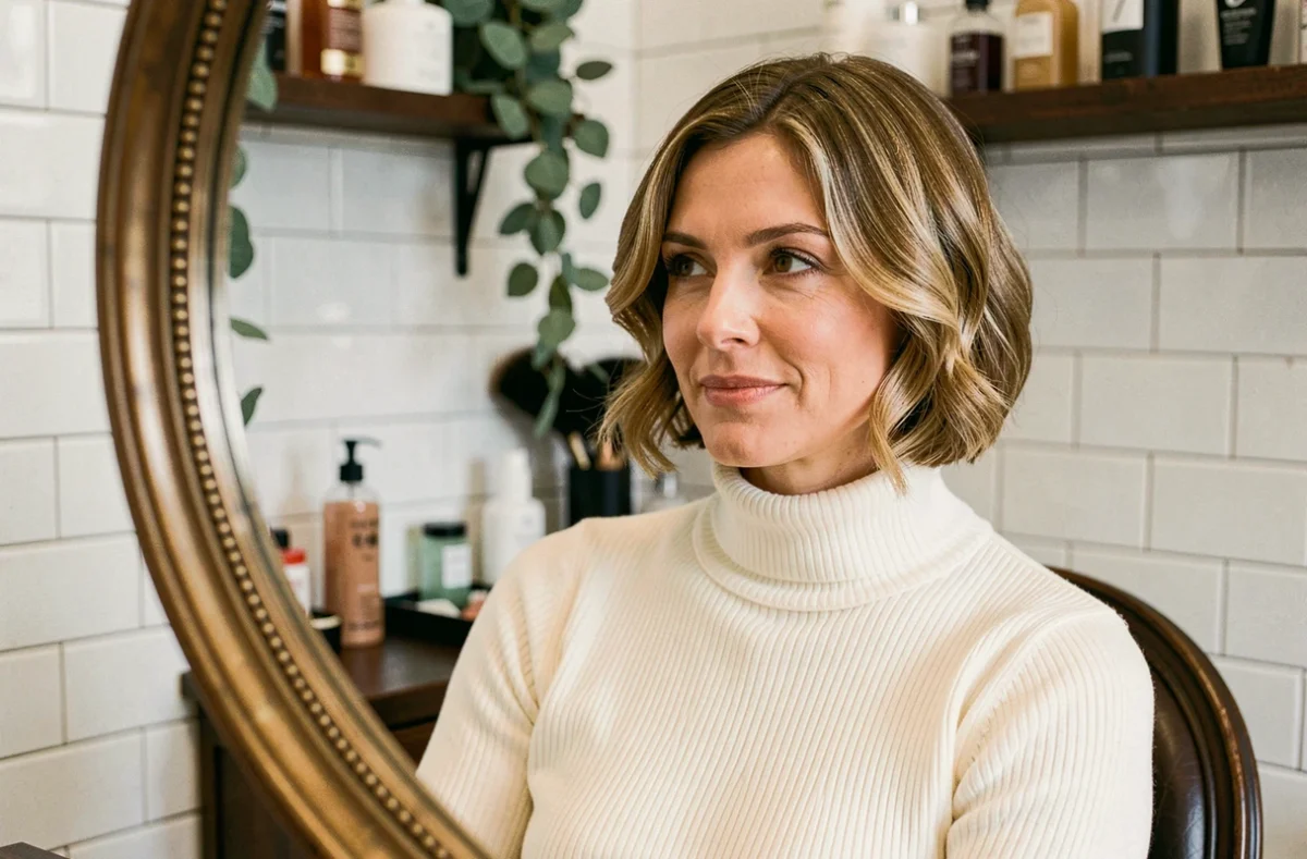 Femme aux cheveux courts et fins en carré avec mini vague, assise dans un salon de coiffure parisien, style naturel et élégant