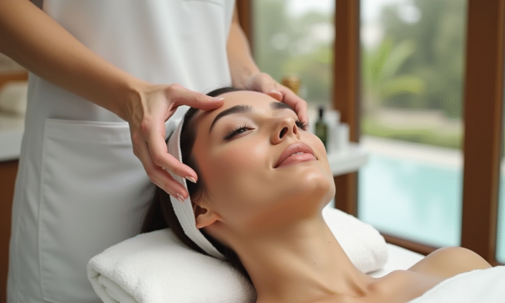 Femme recevant un massage facial dans un spa moderne