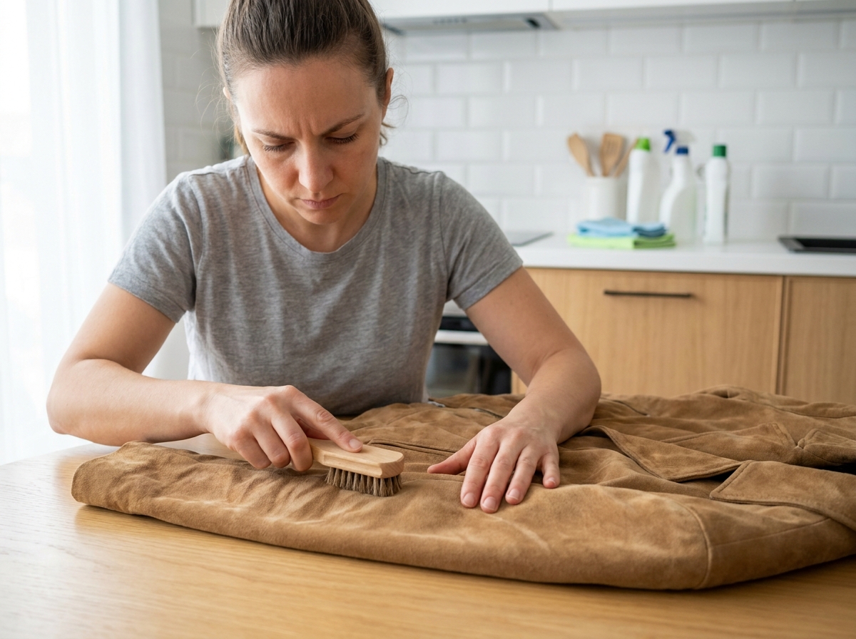 Femme nettoyant une veste en daim camel avec une brosse spéciale sur une table en bois