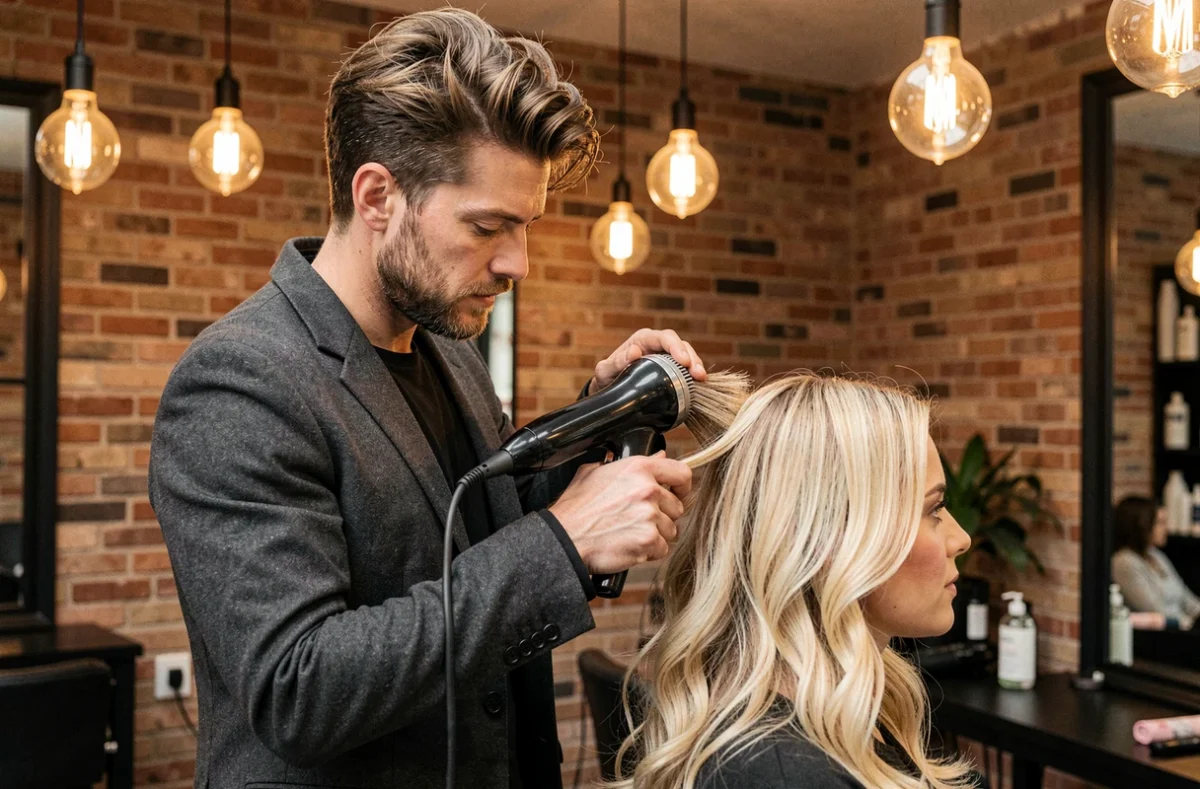 Nicolas Felice coiffeur parisien réalisant un brushing sur une cliente blonde dans un studio moderne à Paris