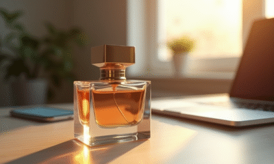 Bouteille de parfum élégante sur un bureau moderne avec ordinateur