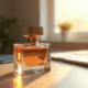 Bouteille de parfum élégante sur un bureau moderne avec ordinateur