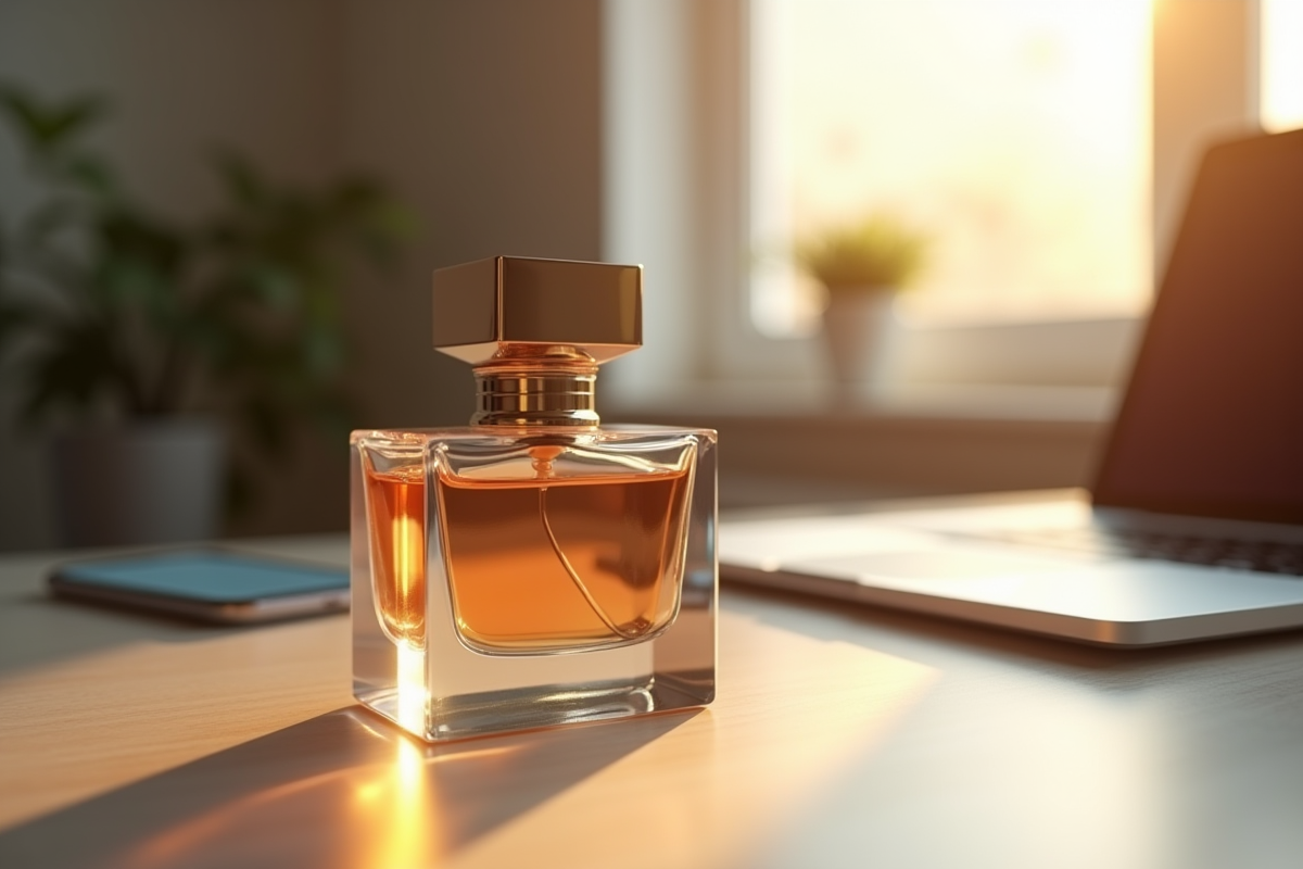 Bouteille de parfum élégante sur un bureau moderne avec ordinateur