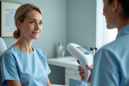 Femme en blouse bleue écoute un dermatologue en clinique