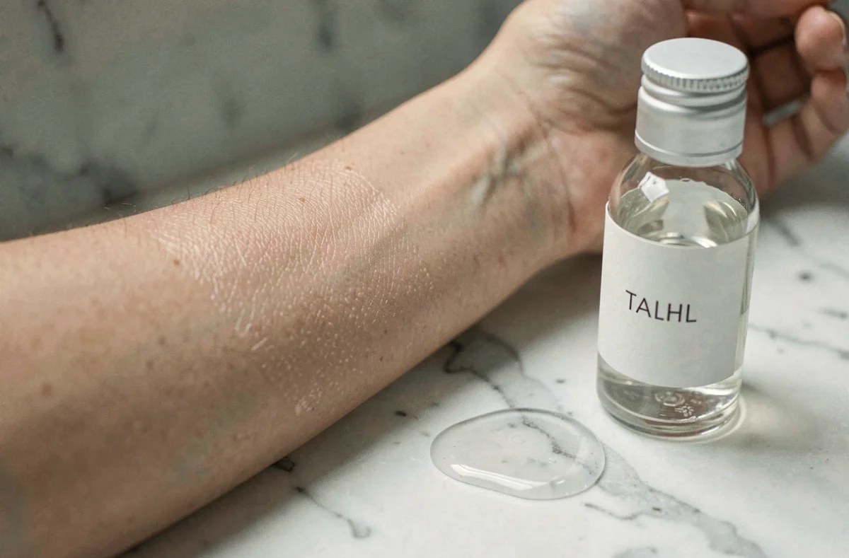 Gros plan sur la texture de peau sèche et un flacon de lotion tonique astringente posé sur un marbre blanc