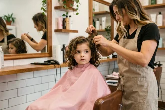 Petite fille de 6 ans assise dans un fauteuil de salon de coiffure, portant une cape rose, regardant son reflet dans le miroir pendant que la coiffeuse tient doucement ses cheveux bouclés