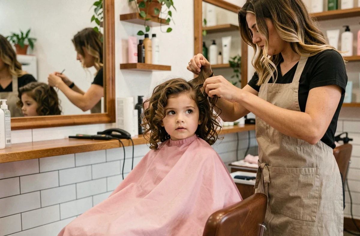 Petite fille de 6 ans assise dans un fauteuil de salon de coiffure, portant une cape rose, regardant son reflet dans le miroir pendant que la coiffeuse tient doucement ses cheveux bouclés