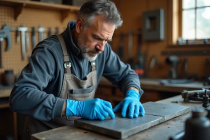 Technicien en atelier effectuant un pinçage précis sur une plaque métallique sans l'abîmer, mains gantées en position sécuritaire