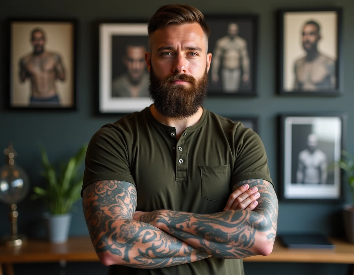 Portrait d'un tatoueur professionnel tatoué posant devant son portfolio encadré dans son studio, bras croisés avec une expression confiante