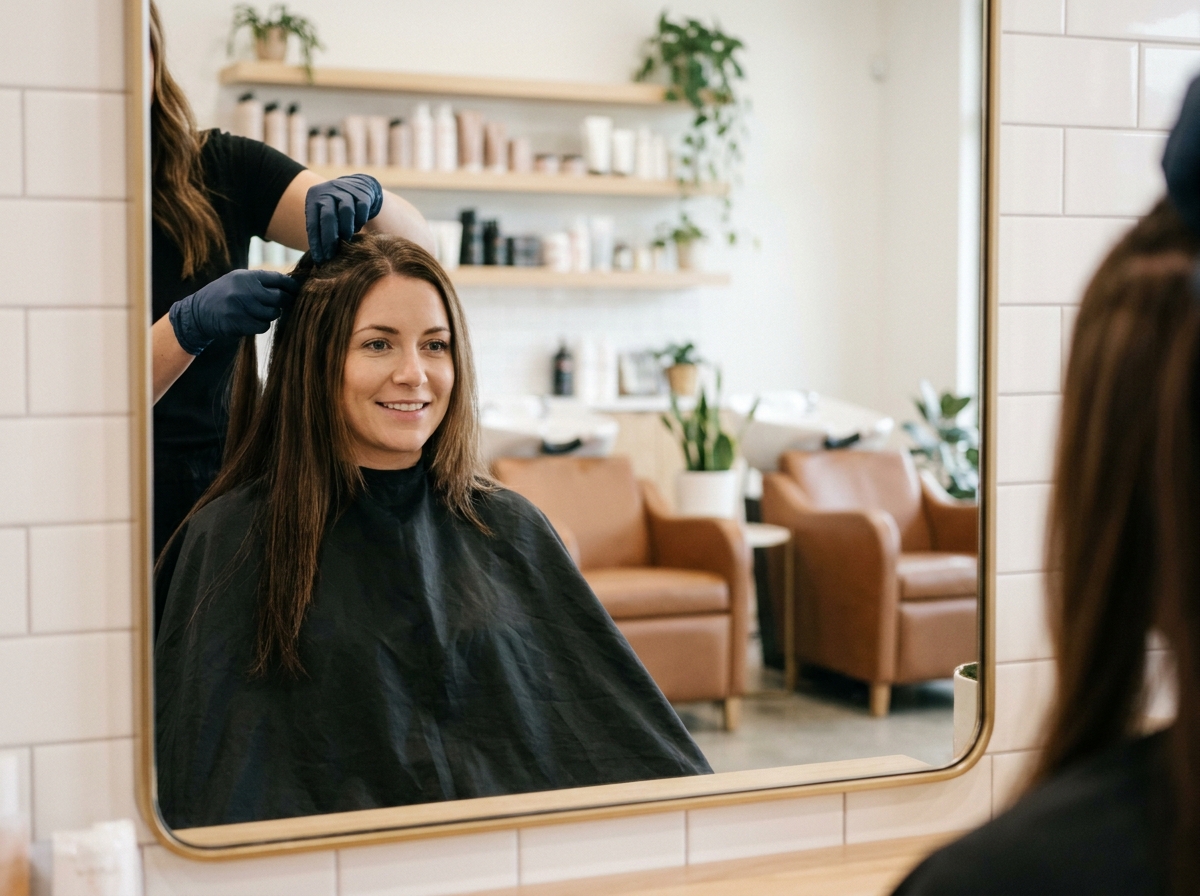 Femme en salon de coiffure recevant la pose d'extensions capillaires par une styliste professionnelle