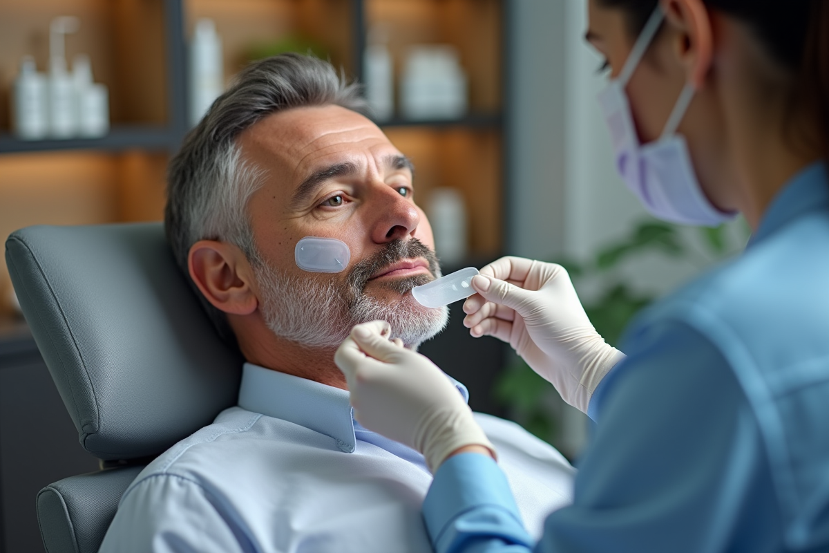 Homme en soin dermatologique avec patch gel sur la joue