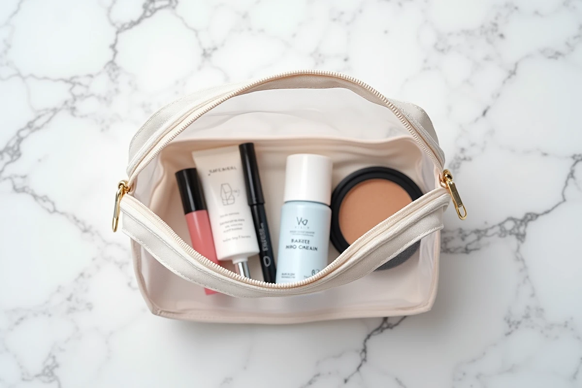 Trousse transparente réglementaire ouverte avec produits de maquillage de voyage en format 100ml autorisés en avion