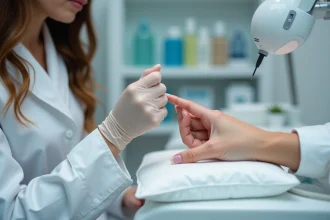 Prothésiste ongulaire examinant un ongle infiltré avec une loupe dans un salon de manucure professionnel