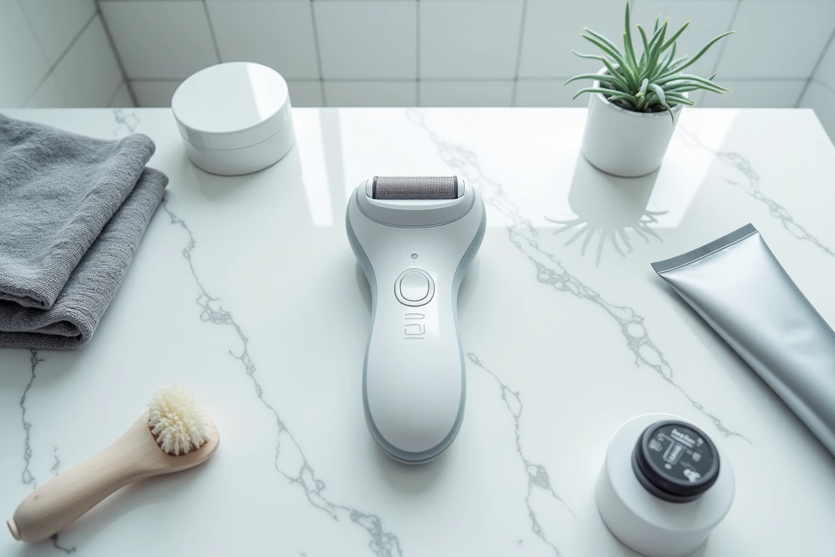 Rasoir électrique pour le corps posé sur un comptoir en marbre avec accessoires de rasage