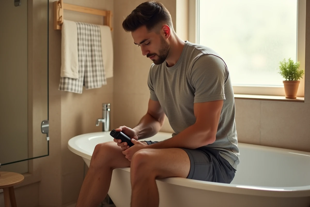 Homme rasant sa jambe avec un rasoir électrique corporel assis au bord d'une baignoire