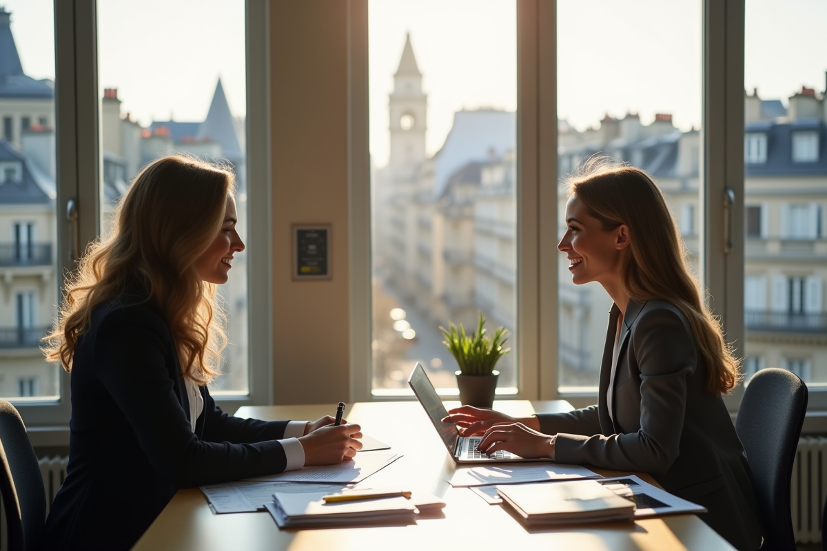 Femme modèle rencontrant un agent dans un bureau parisien