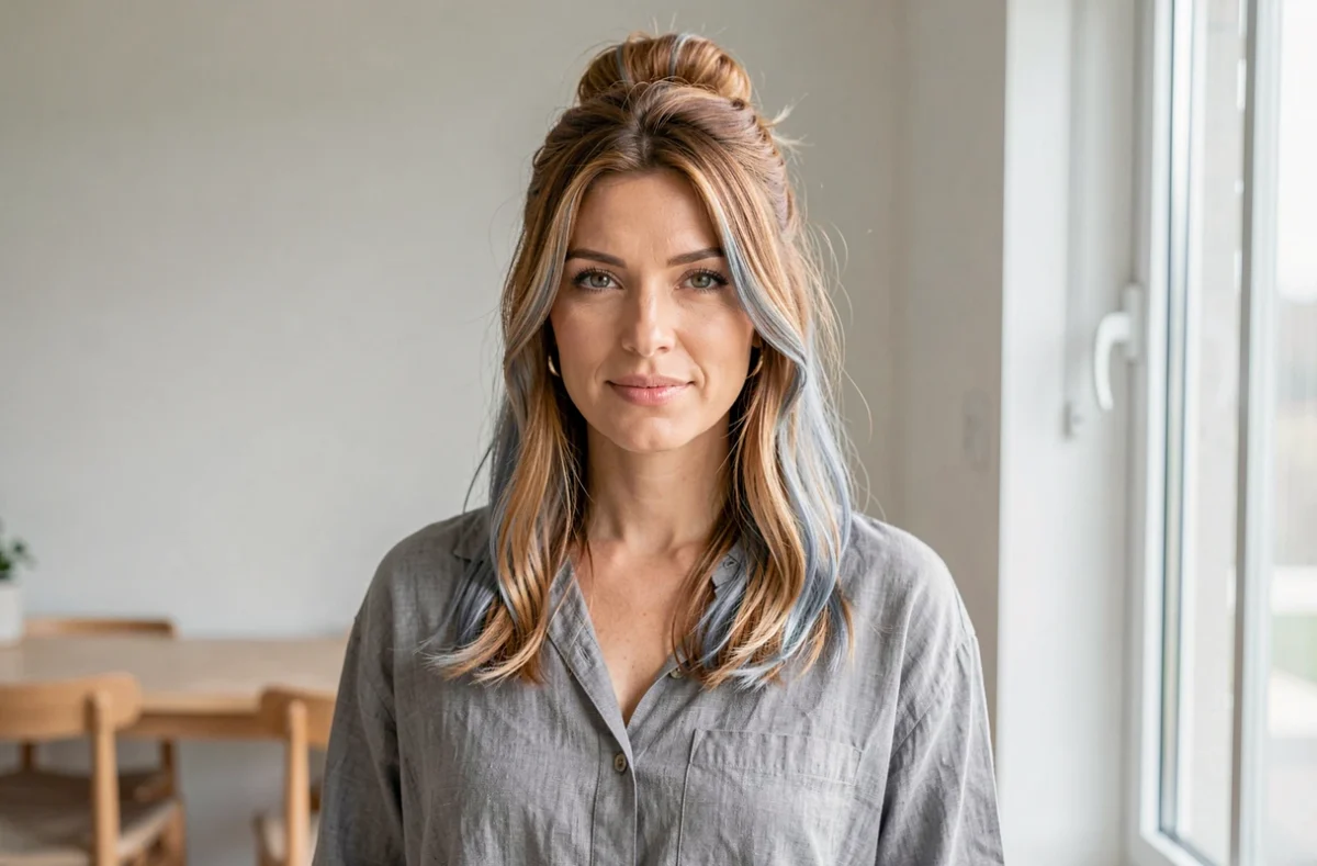 Femme aux cheveux caramel avec patine cendrée et reflets froids, portrait naturel en appartement minimaliste