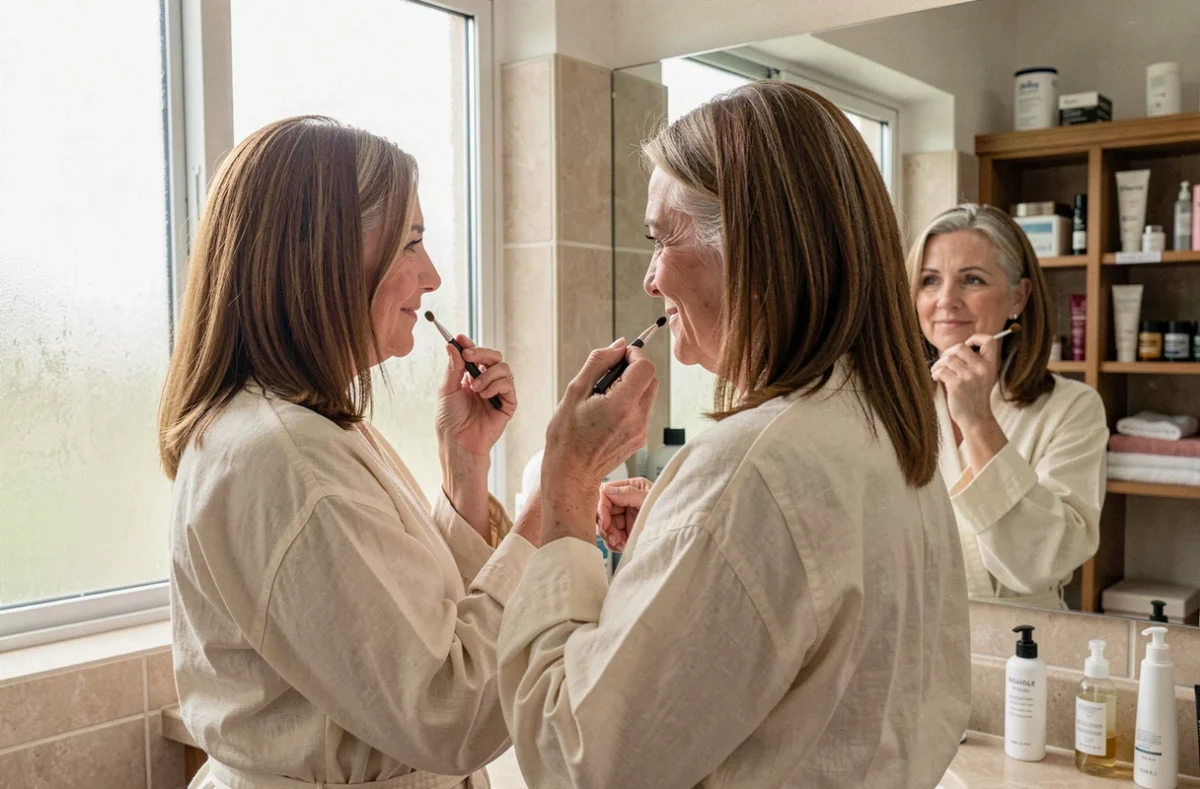 Femme d'une cinquantaine d'années appliquant un produit de retouche racines blanches chez elle devant le miroir de la salle de bain