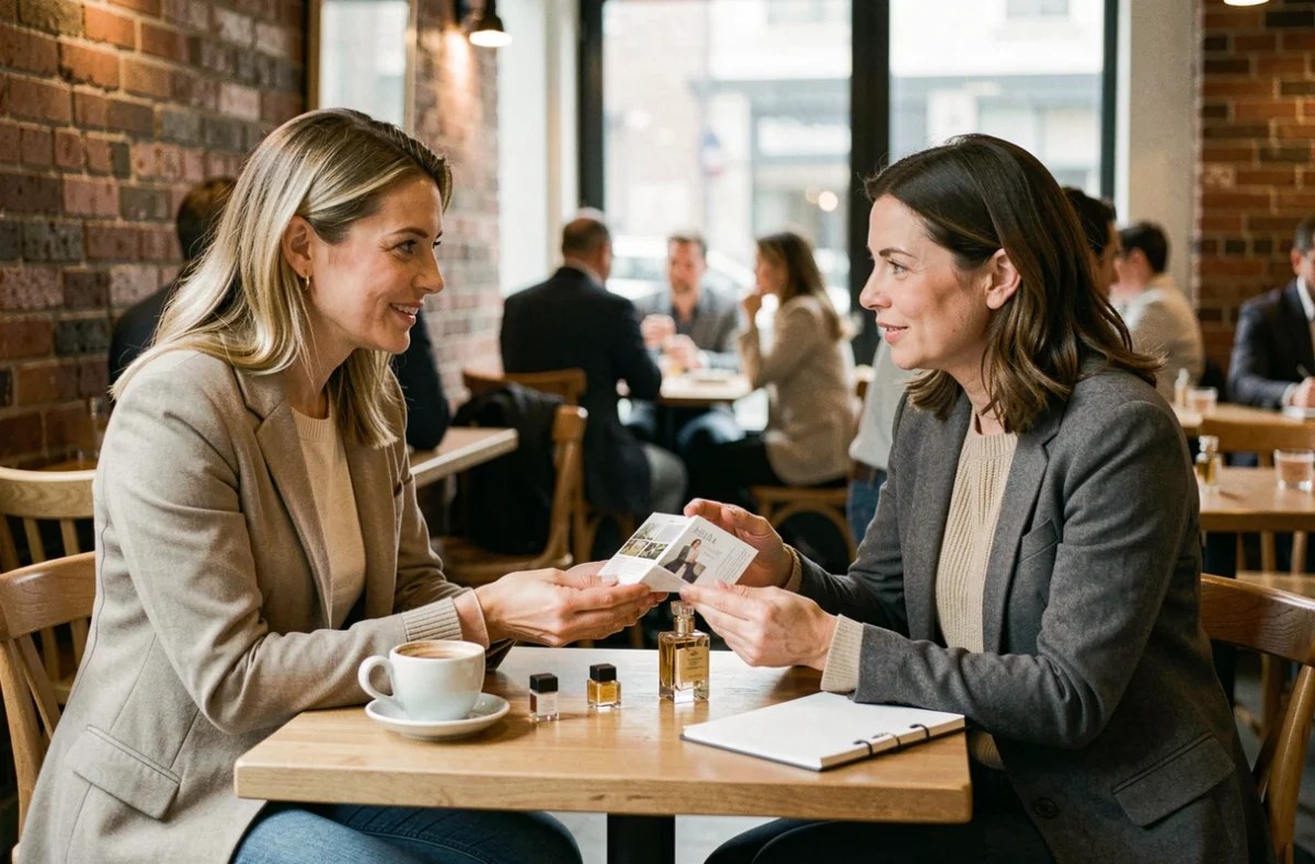 Deux femmes discutant d'une opportunité de vente directe beauté avec des échantillons de parfums Chogan dans un café
