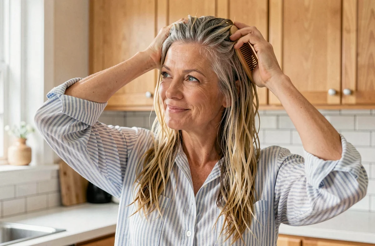 Femme de 55 ans peignant ses cheveux blonds avec racines grises dans une cuisine lumineuse, routine capillaire naturelle