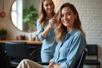 Femme avec balayage cheveux dans un salon moderne