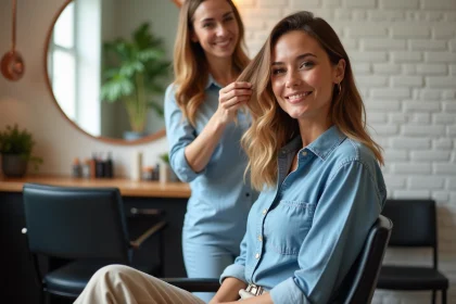 Femme avec balayage cheveux dans un salon moderne