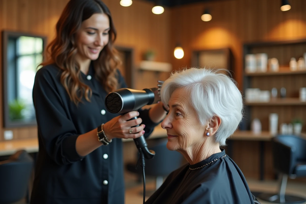 Coiffeuse professionnelle coiffant les cheveux blancs courts d'une femme de 70 ans dans un salon de coiffure moderne