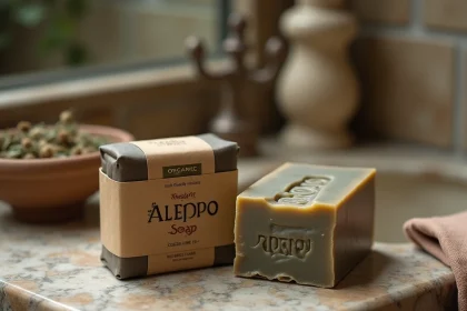 Comparaison savon d'Alep bio et classique côte à côte sur marbre avec intérieur vert olive visible