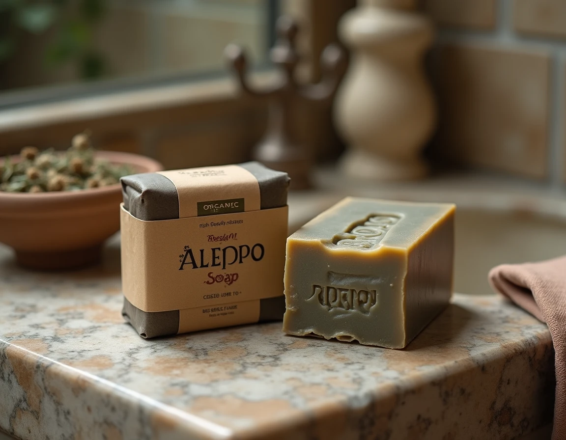 Comparaison savon d'Alep bio et classique côte à côte sur marbre avec intérieur vert olive visible